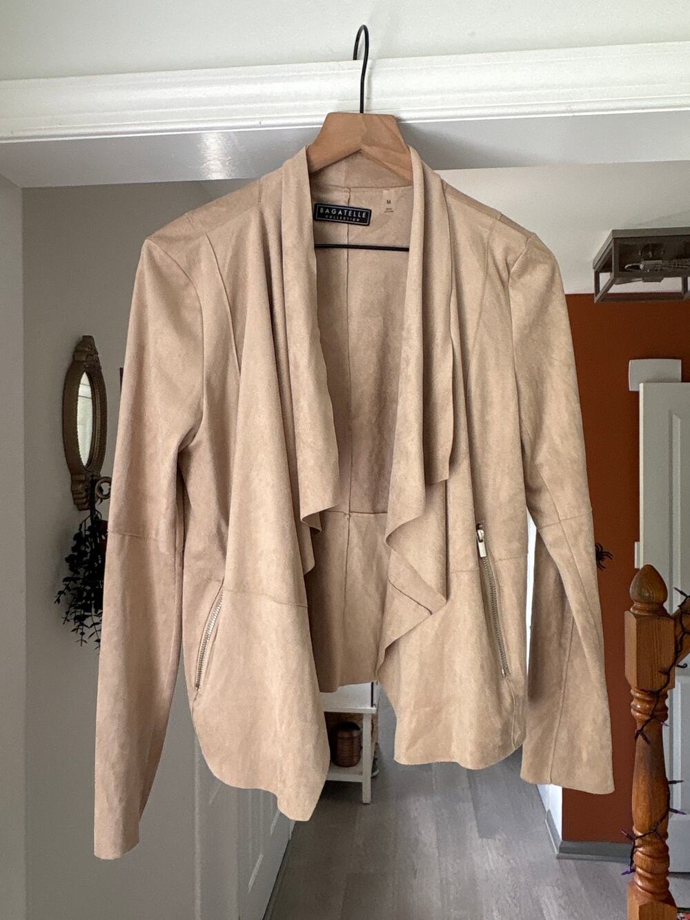 Bagatelle Tan Faux Suede Draped Jacket Medium Open Front Waterfall Blazer